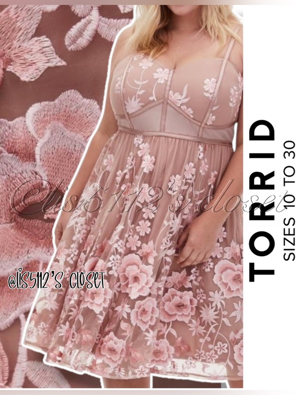 Torrid Blush Pink Floral Rose Mesh Embroidered Bustier Midi Swing Dress 20 2X